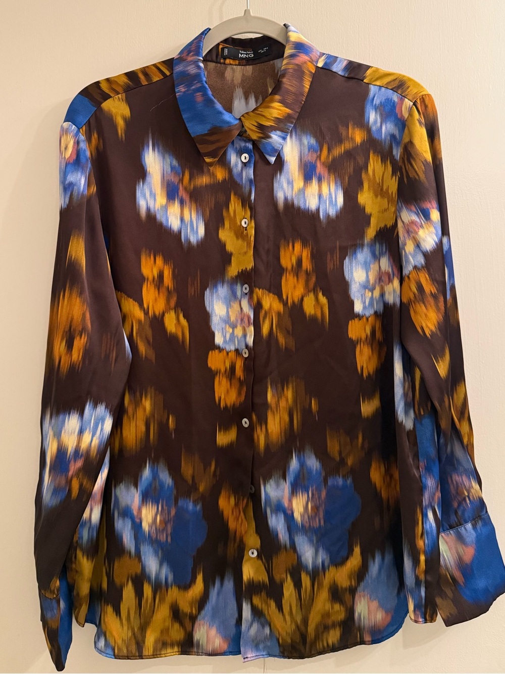 MNG - Satin Floral Print Long-Sleeve Shirt in Blue & Brown